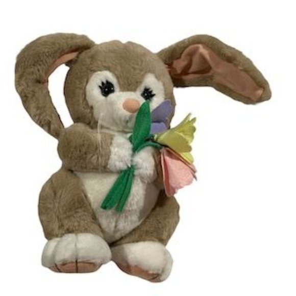 Dakin "tulip tickle bunny" tan plush rabbit holding flowers, wired lop ears 12" - Picture 10 of 10